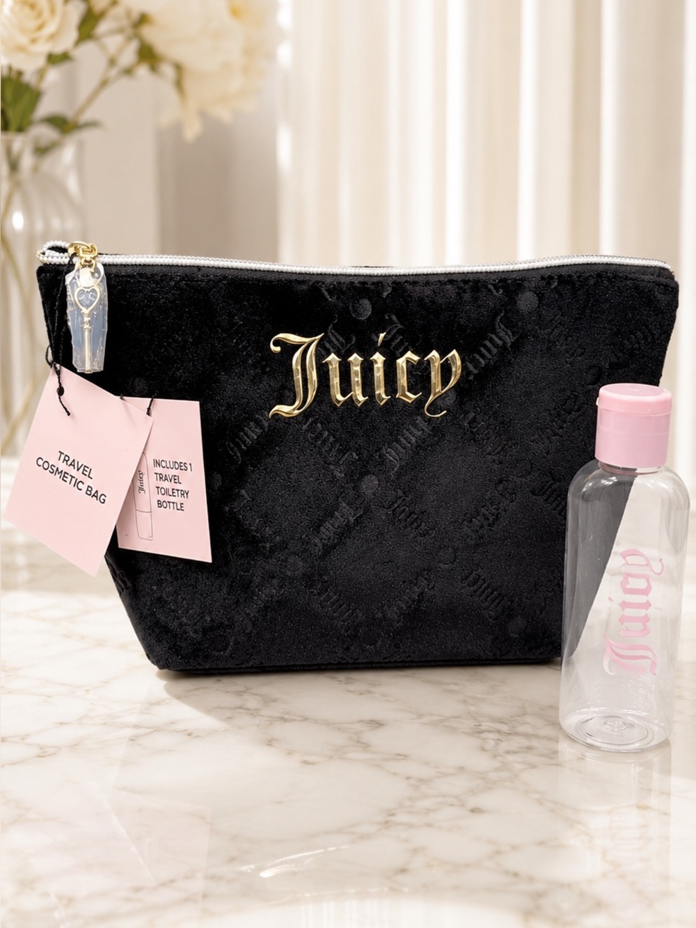 Juicy Couture Black Velour Gold Logo Makeup Bag + Travel Bottle NWT